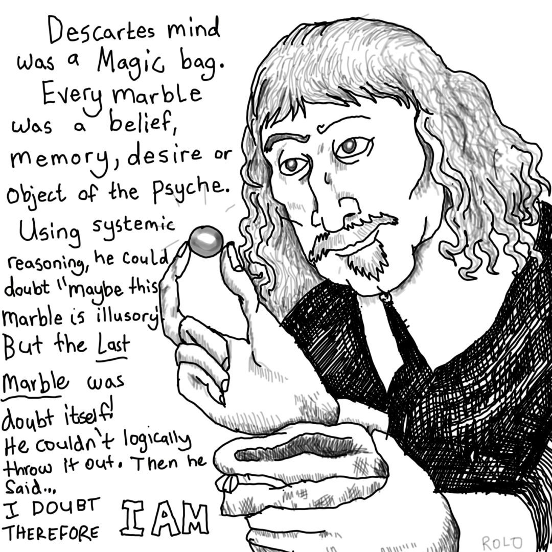 Image of descartes. It's a comic style depicting him pulling marbles out of a bag. 