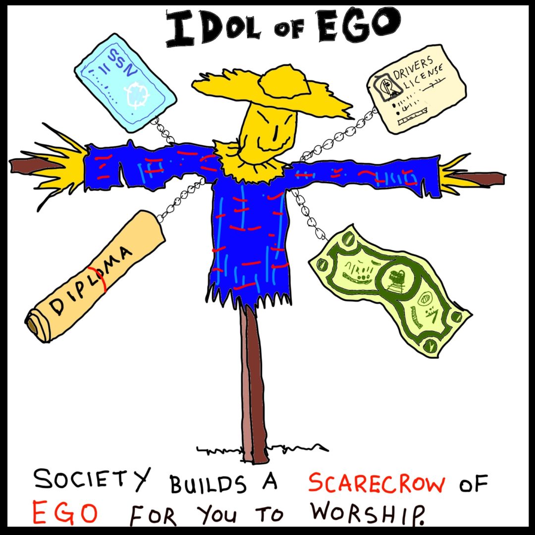 Image of a scarecrow that is called idol of the ego with a bunch of ego devices connected to it. Ego death. 