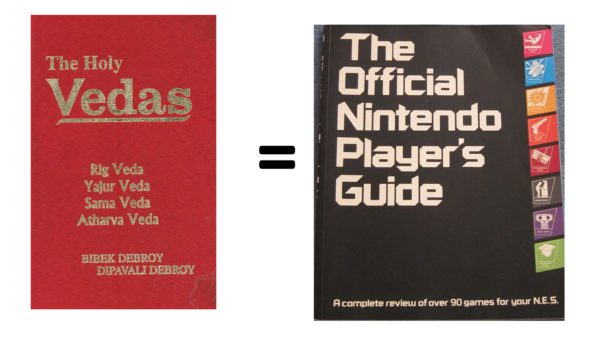 A picture of the vedas being compared to a video game manual 