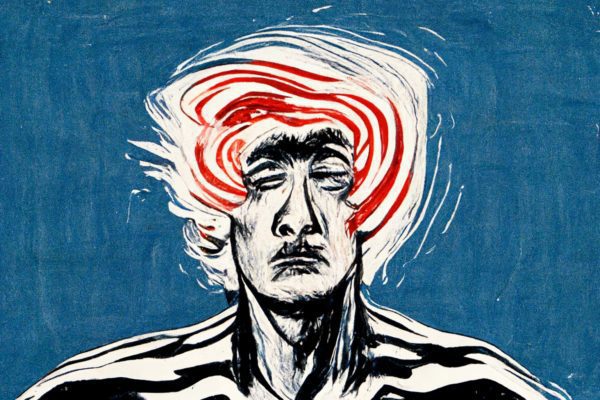 An image depicting the Hermetic principle of mentalism, a man with red swirls around his head