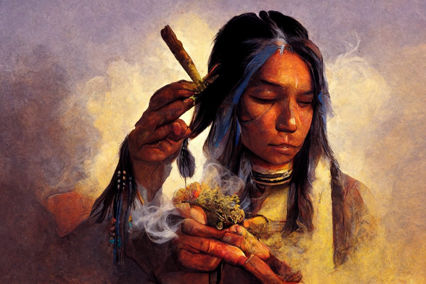 Native American using Sage smudging stick