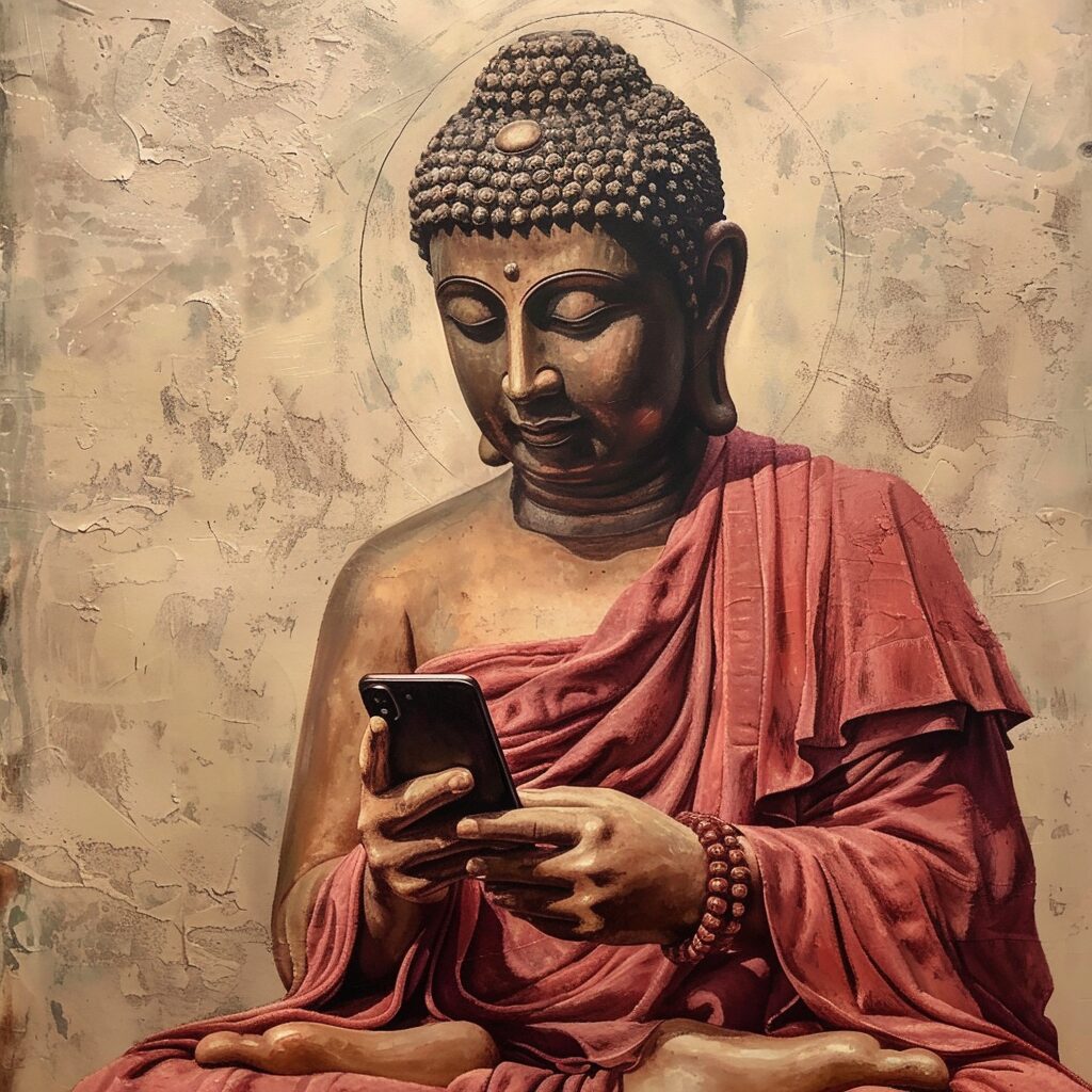 buddha practicing mindful scrolling for digital spirituality